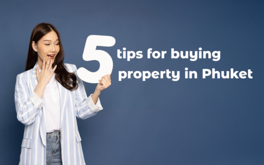 Surprised woman holding a 5-digit sign with tips for buying property in Phuket