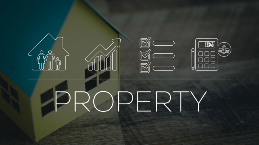 Infographics featuring icons of a house, family, rising chart, calculator, and "Property" text, symbolizing aspects of property investment and management.