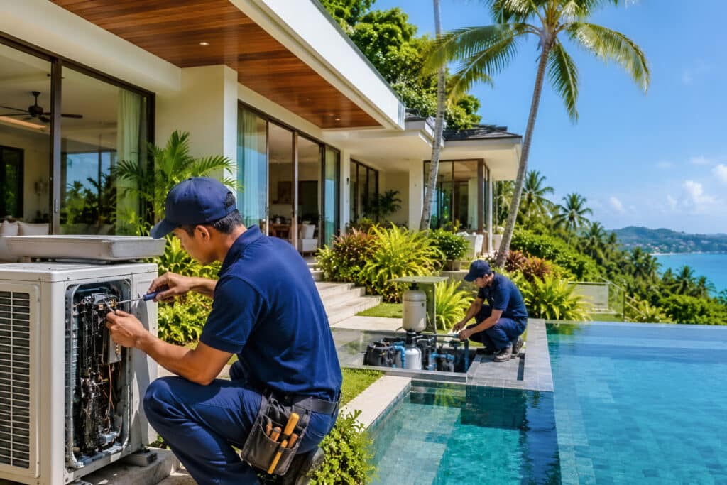 Property maintenance technicians servicing air conditioning and pool equipment at a luxury Phuket villa