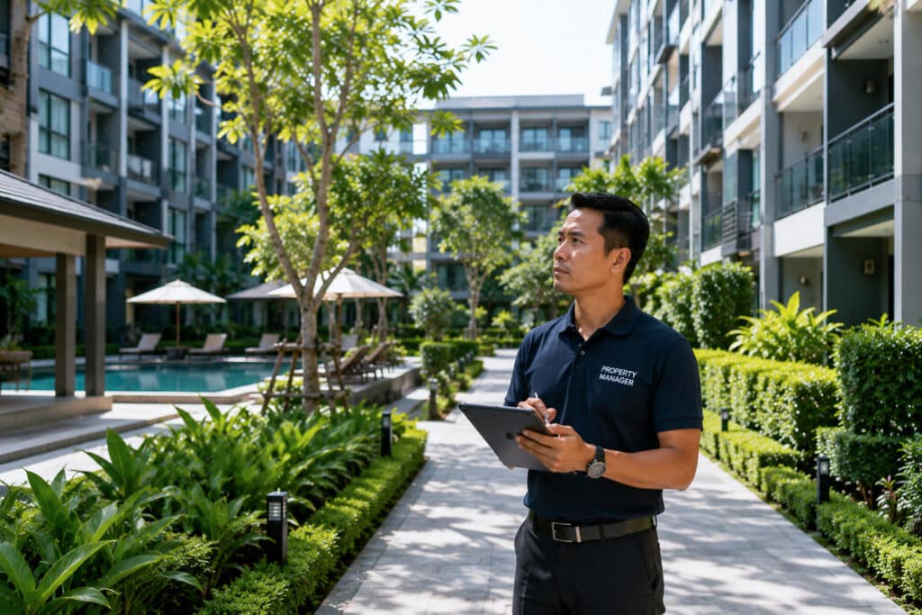 Thai property manager conducting a property inspection at a modern residential condominium in Phuket